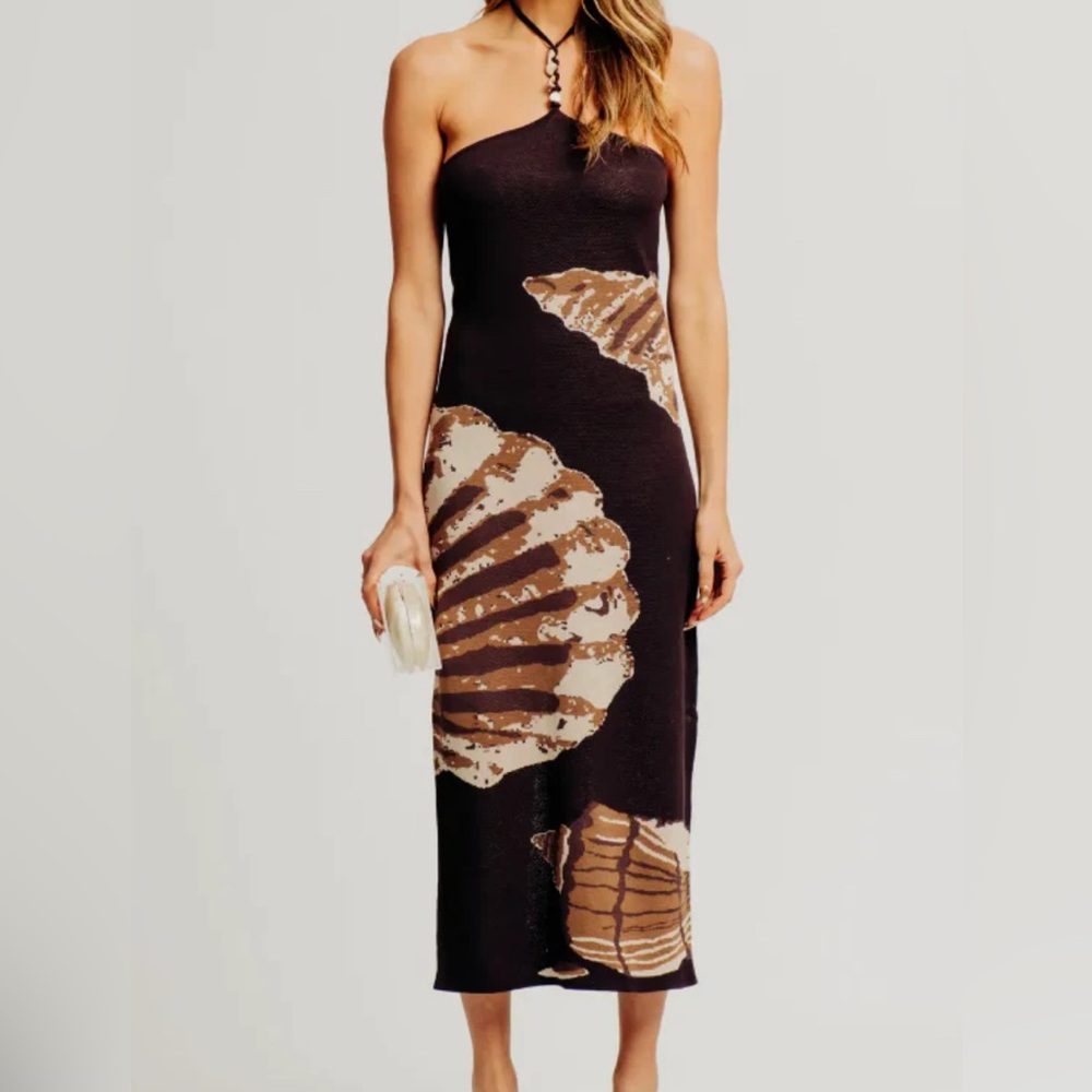 Torn by Ronny Kobo Black Strapless Midi Dress with Brown Shell Print